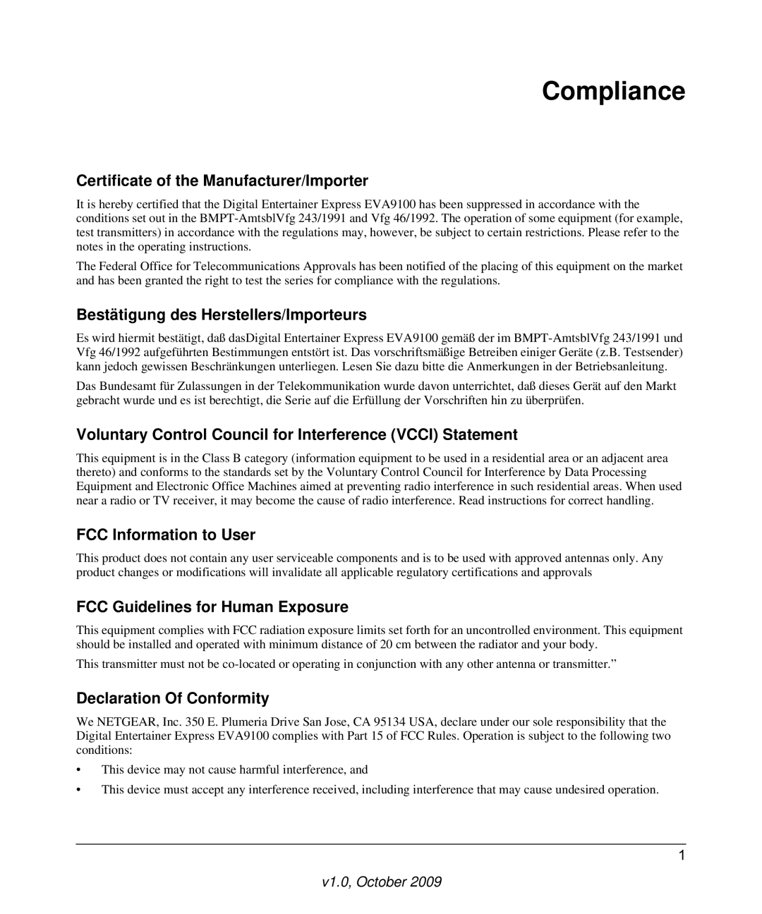 NETGEAR EVA9100 user manual Compliance 