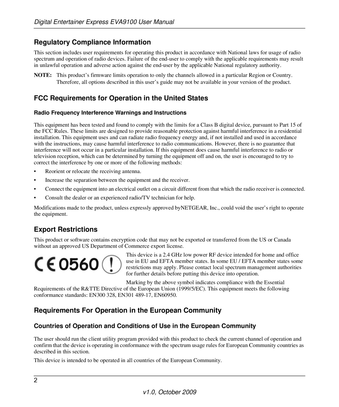 NETGEAR EVA9100 user manual Regulatory Compliance Information, FCC Requirements for Operation in the United States 