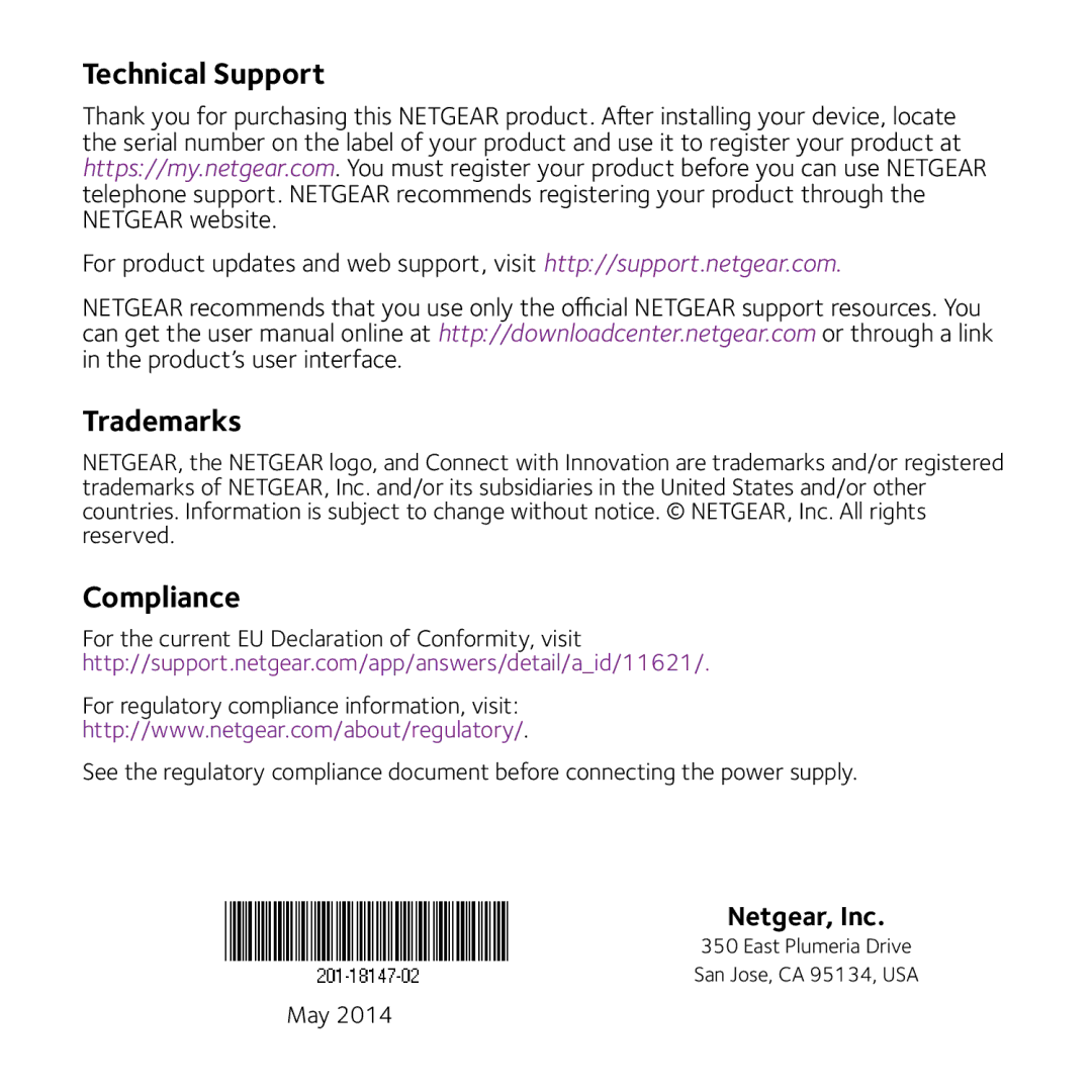 NETGEAR EX2700 manual Technical Support 