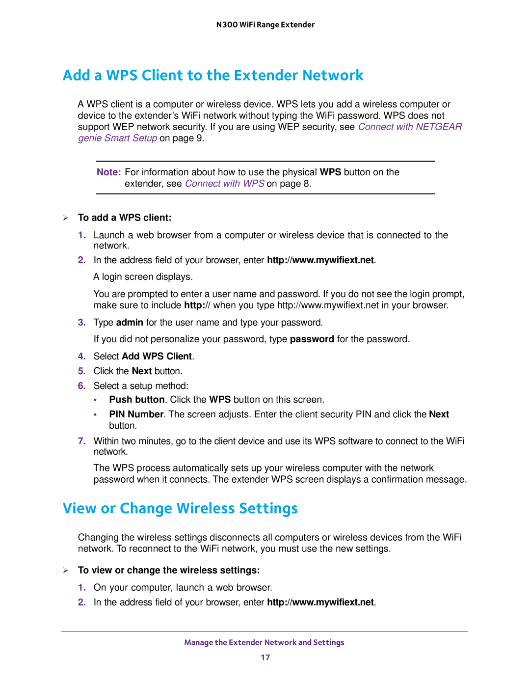 NETGEAR EX2700 Add a WPS Client to the Extender Network, View or Change Wireless Settings,  To add a WPS client 