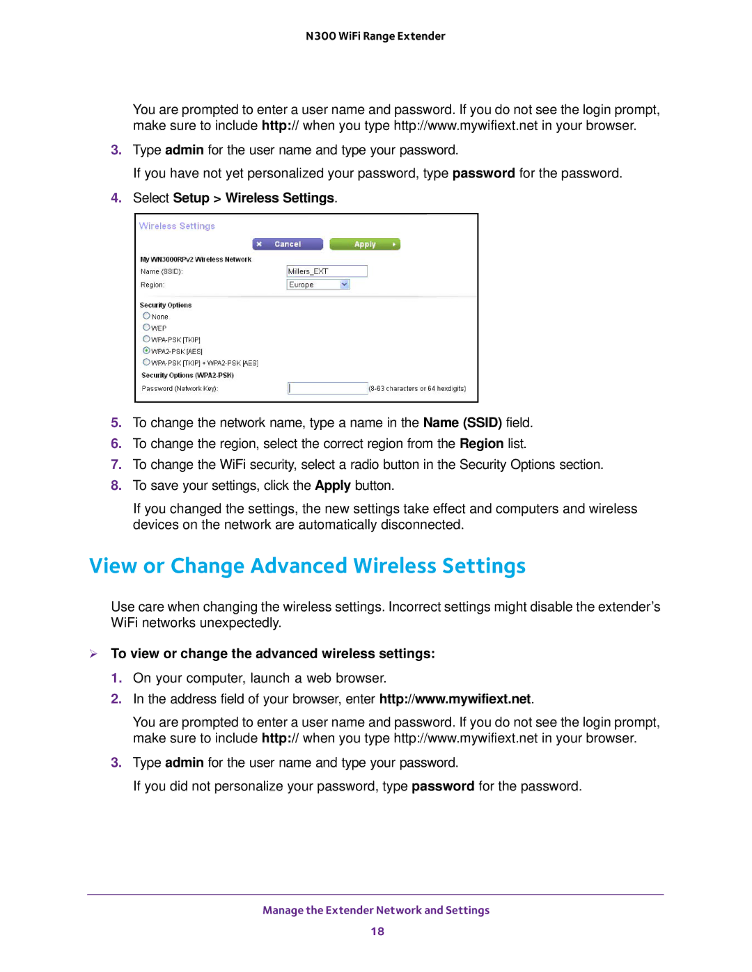 NETGEAR EX2700 user manual View or Change Advanced Wireless Settings, Select Setup Wireless Settings 