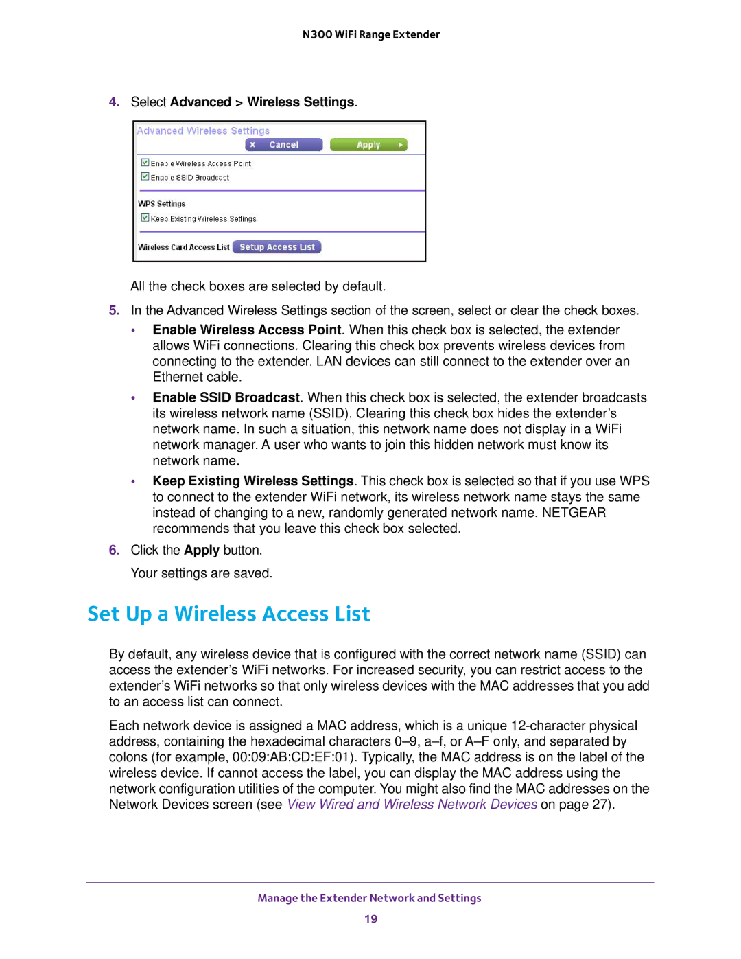 NETGEAR EX2700 user manual Set Up a Wireless Access List, Select Advanced Wireless Settings 