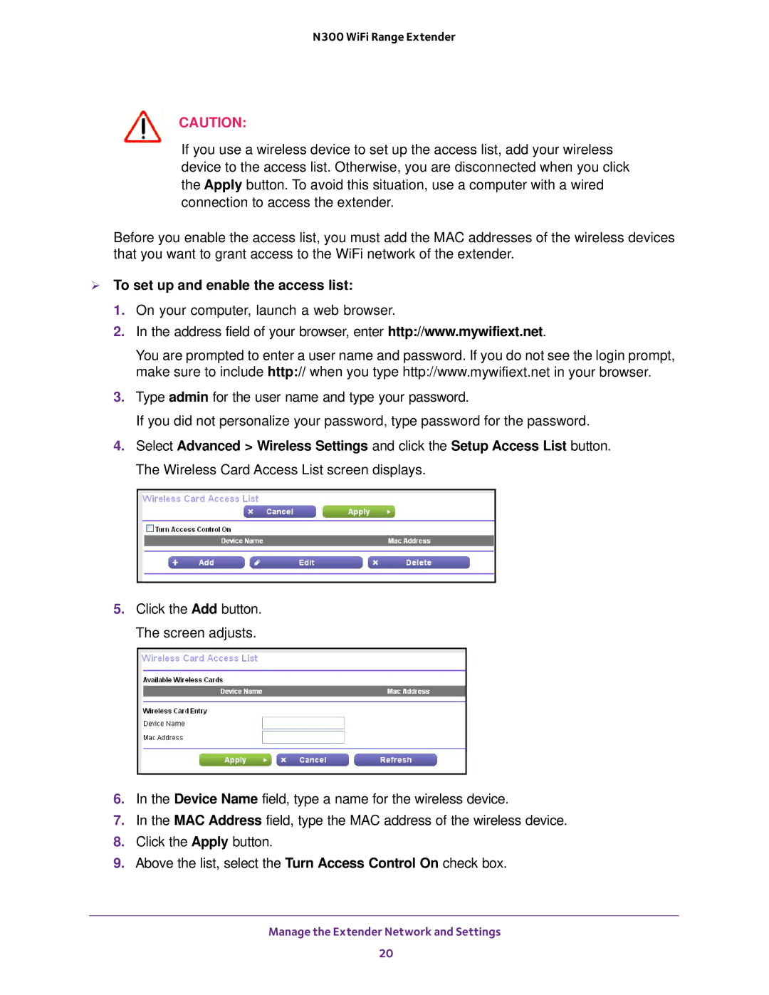 NETGEAR EX2700 user manual  To set up and enable the access list 