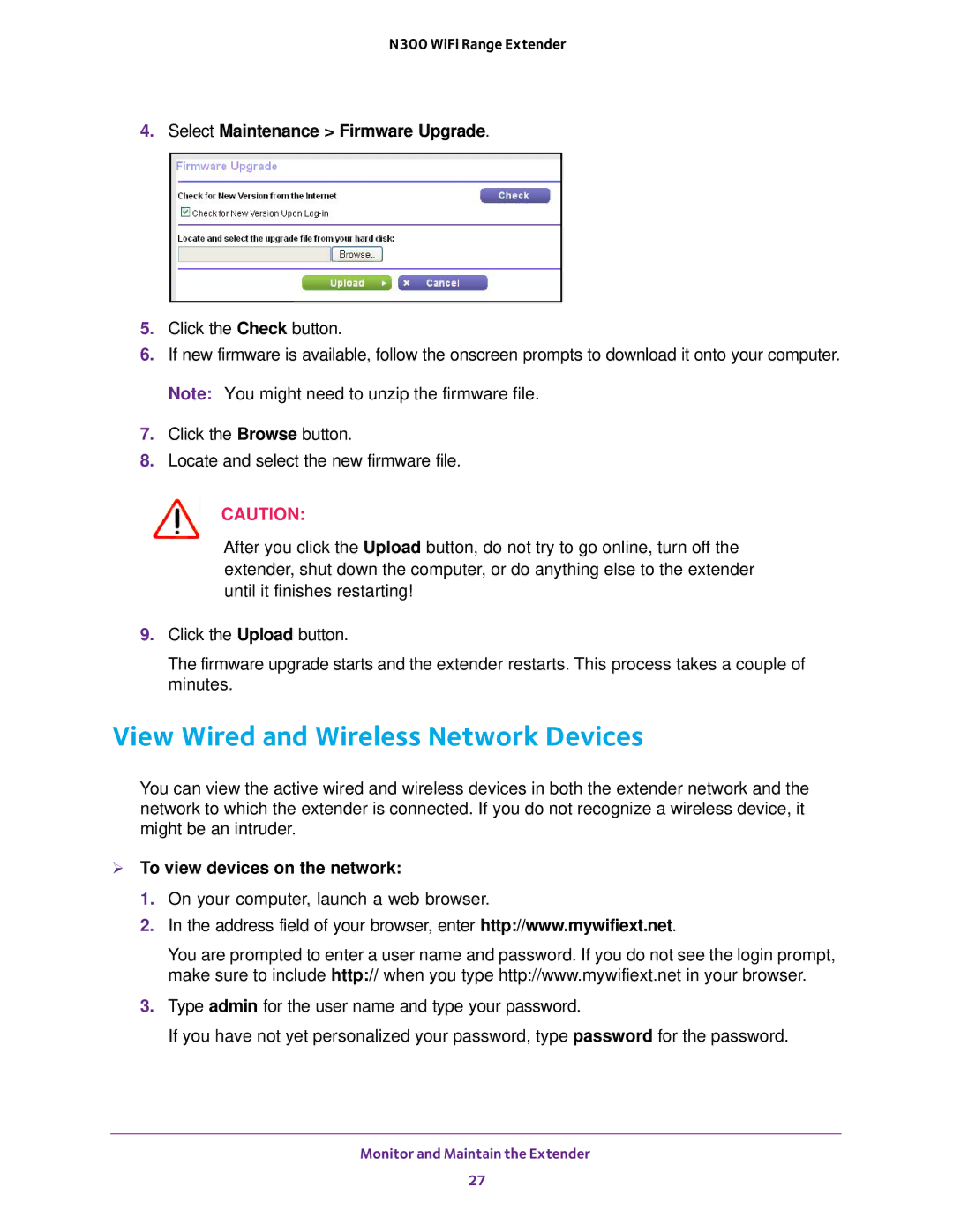 NETGEAR EX2700 user manual View Wired and Wireless Network Devices, Select Maintenance Firmware Upgrade 