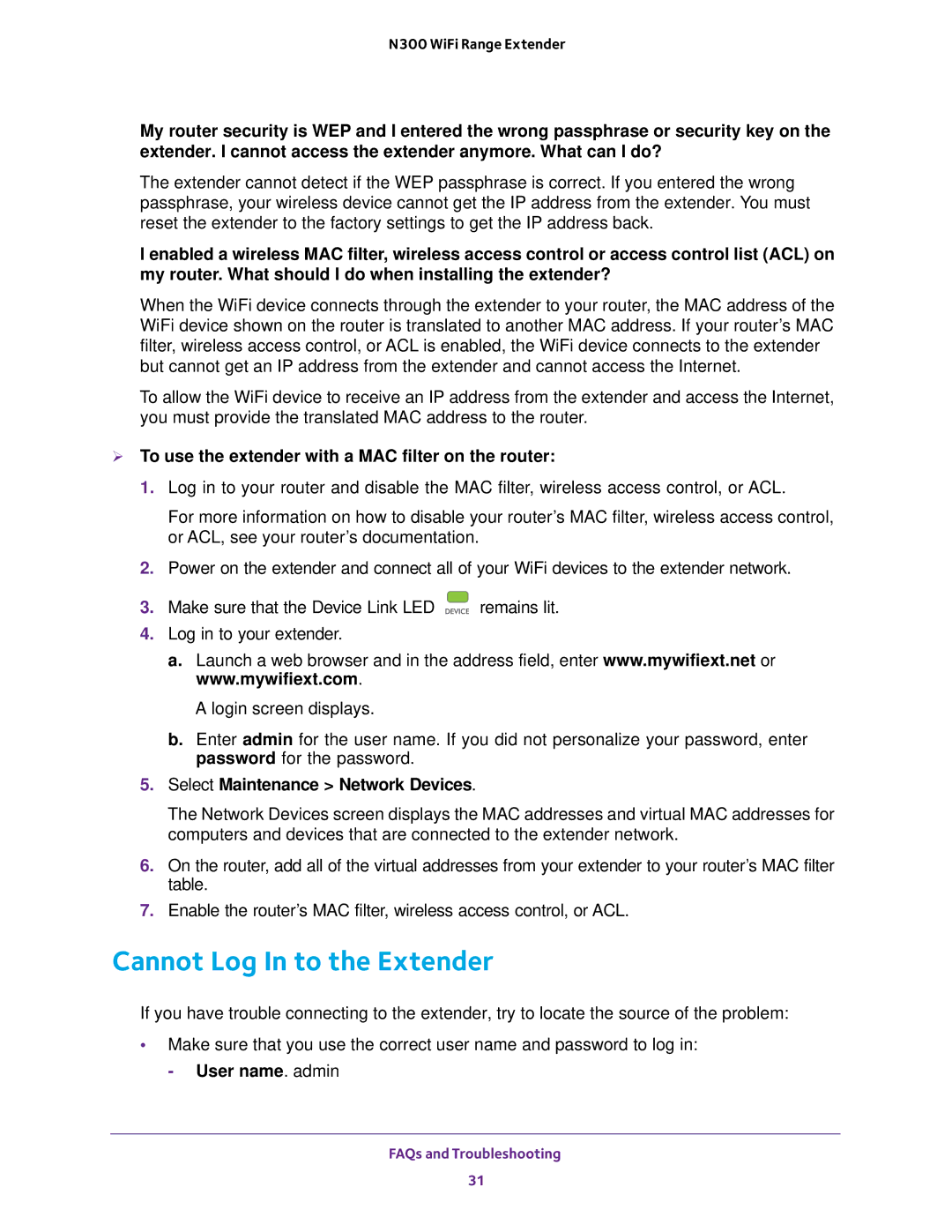 NETGEAR EX2700 user manual Cannot Log In to the Extender,  To use the extender with a MAC filter on the router 