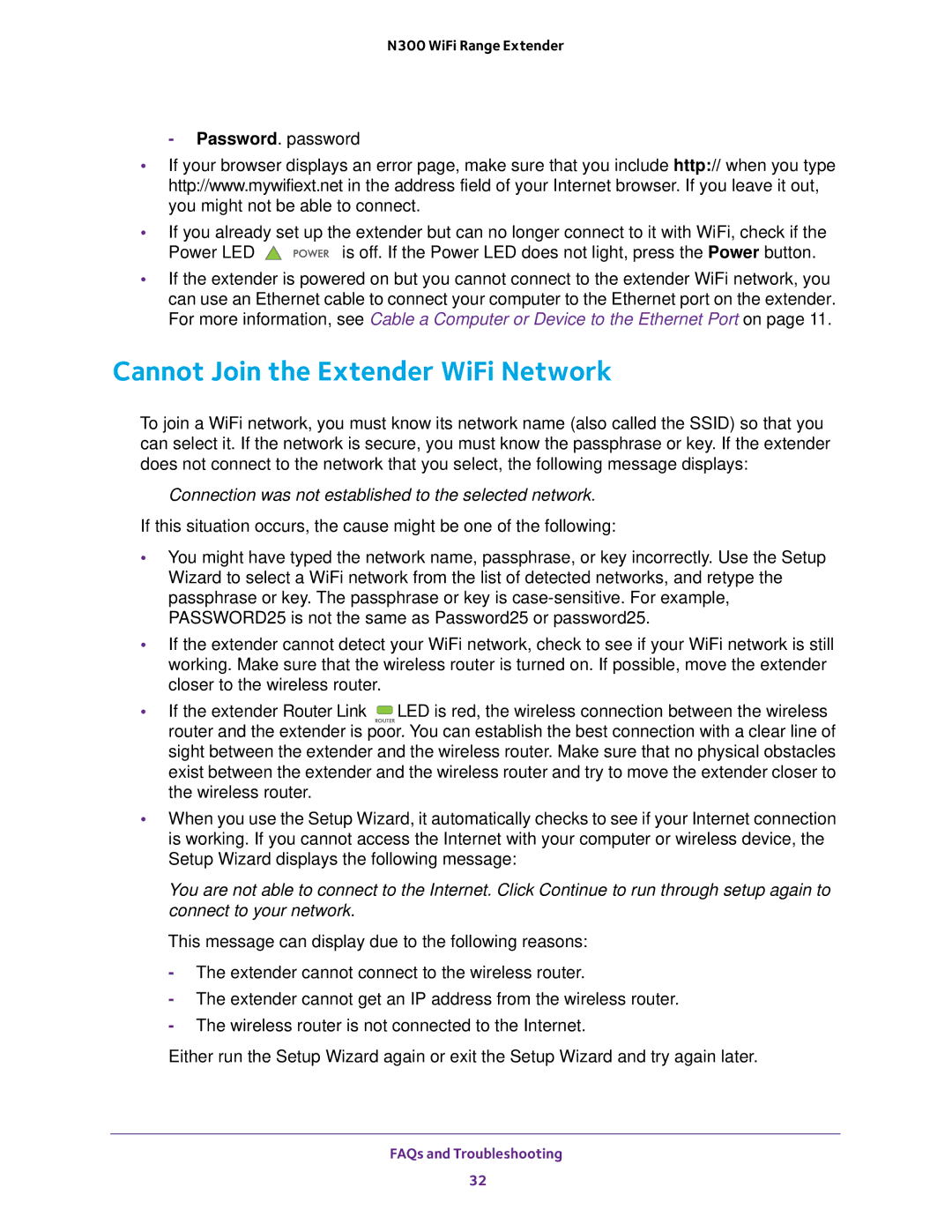 NETGEAR EX2700 user manual Cannot Join the Extender WiFi Network, Connection was not established to the selected network 