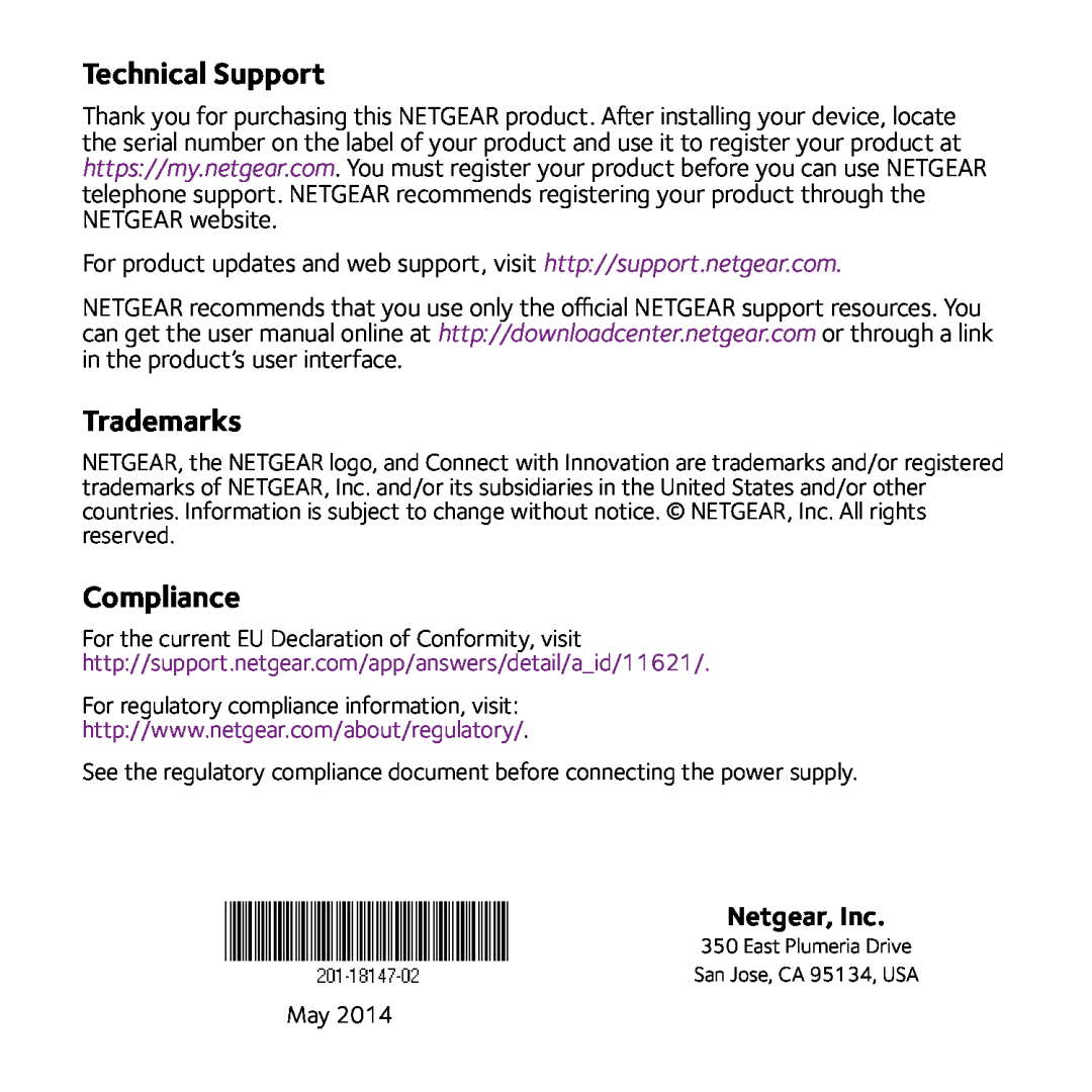 NETGEAR EX2700 manual Technical Support, Trademarks, Compliance, Netgear, Inc 
