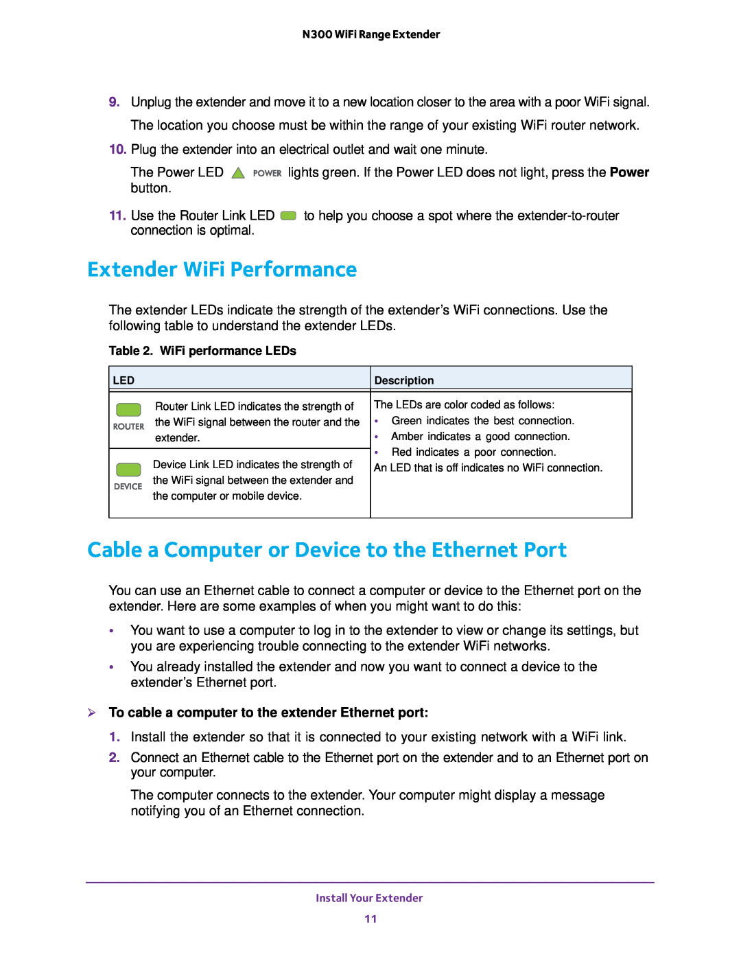 NETGEAR EX2700 user manual Extender WiFi Performance, Cable a Computer or Device to the Ethernet Port 