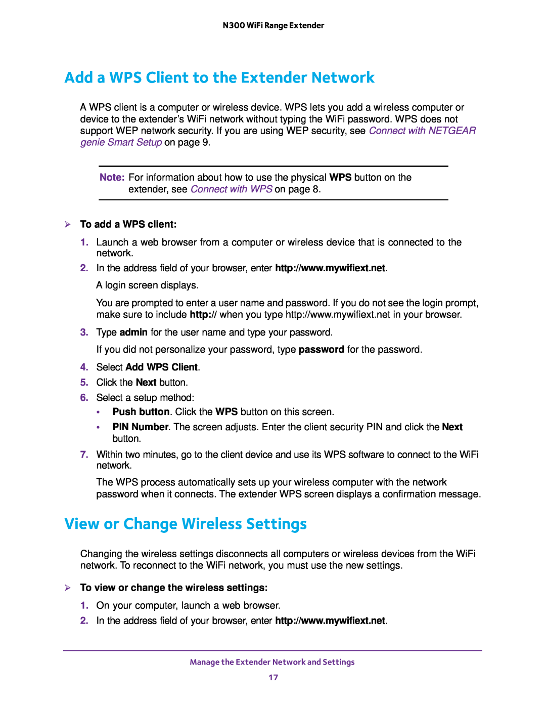NETGEAR EX2700 Add a WPS Client to the Extender Network, View or Change Wireless Settings,  To add a WPS client 