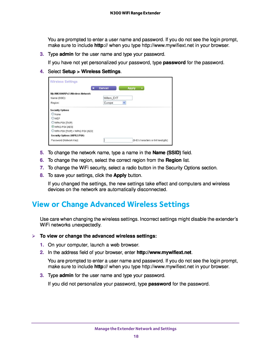 NETGEAR EX2700 user manual View or Change Advanced Wireless Settings, Select Setup Wireless Settings 