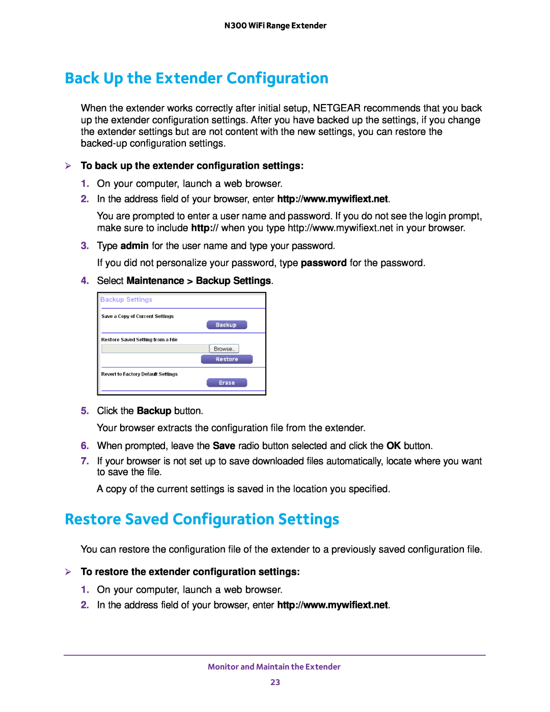 NETGEAR EX2700 user manual Back Up the Extender Configuration, Restore Saved Configuration Settings 