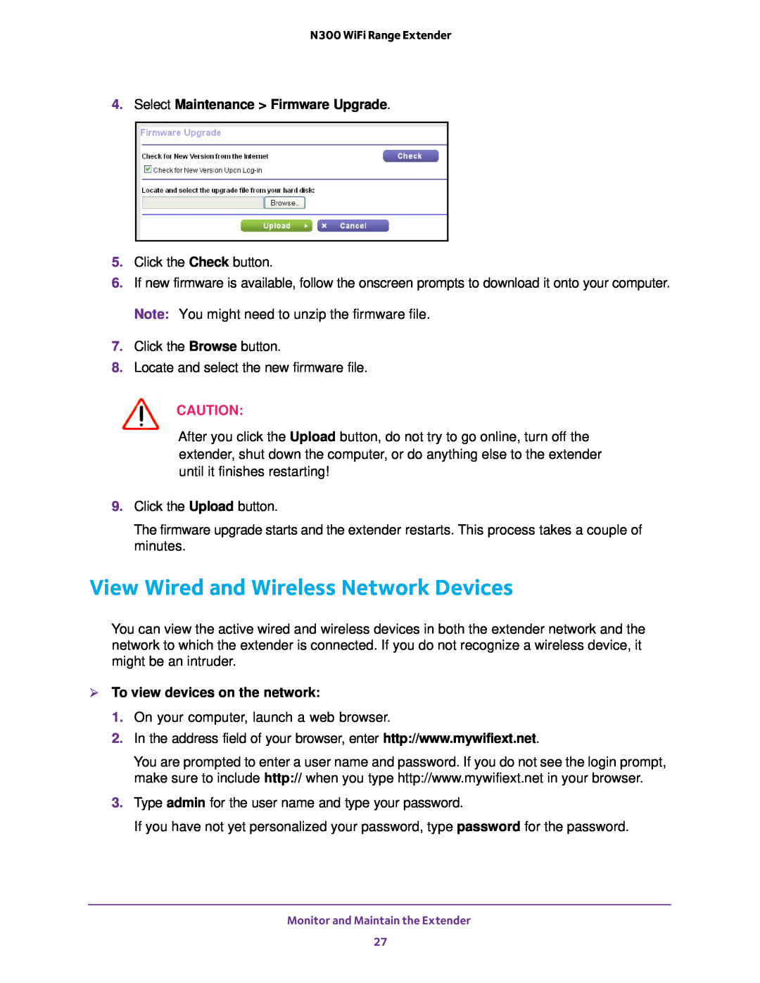 NETGEAR EX2700 user manual View Wired and Wireless Network Devices, Select Maintenance Firmware Upgrade 