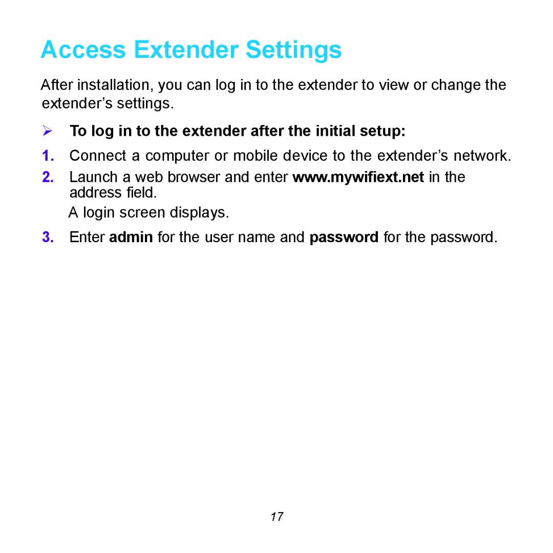 NETGEAR EX6100 manual Access Extender Settings,  To log in to the extender after the initial setup 