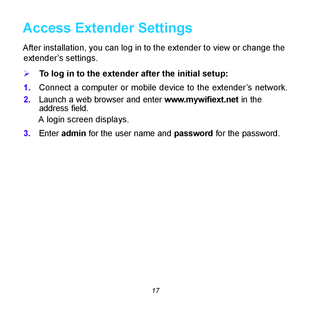 NETGEAR EX6100 manual Access Extender Settings,  To log in to the extender after the initial setup 