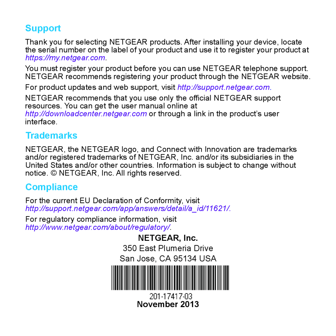 NETGEAR EX6100 manual Support, Trademarks, Compliance, NETGEAR, Inc, November 