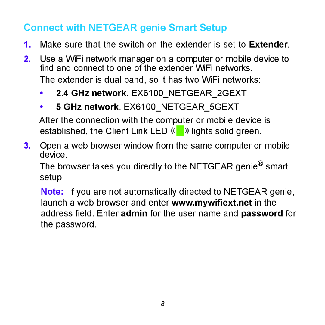 NETGEAR EX6100 manual Connect with NETGEAR genie Smart Setup 