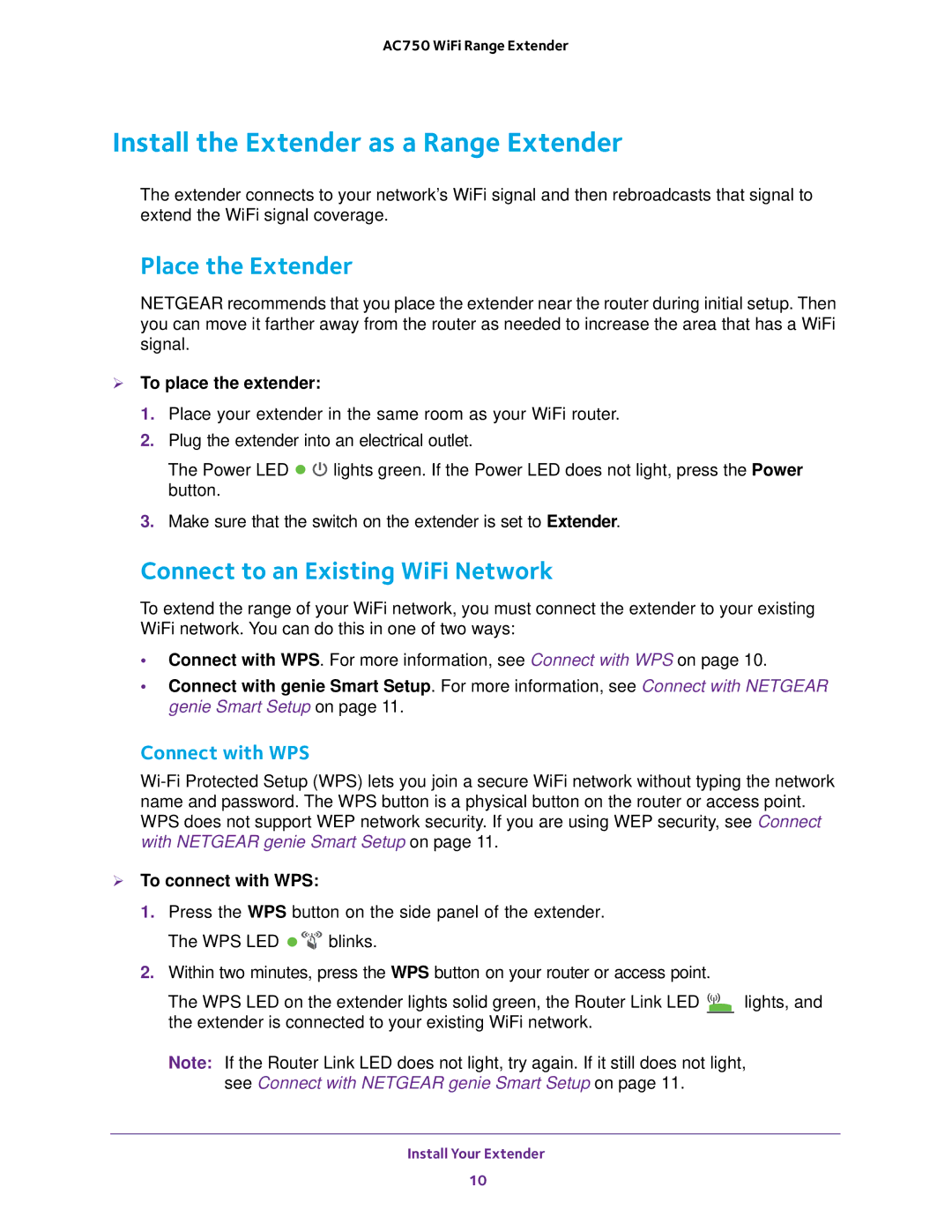 NETGEAR EX6100100NAS Install the Extender as a Range Extender, Place the Extender, Connect to an Existing WiFi Network 