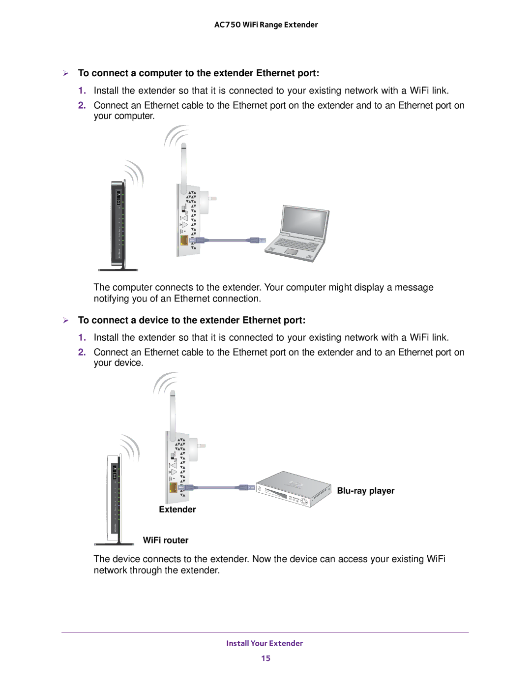 NETGEAR EX6100  To connect a computer to the extender Ethernet port,  To connect a device to the extender Ethernet port 