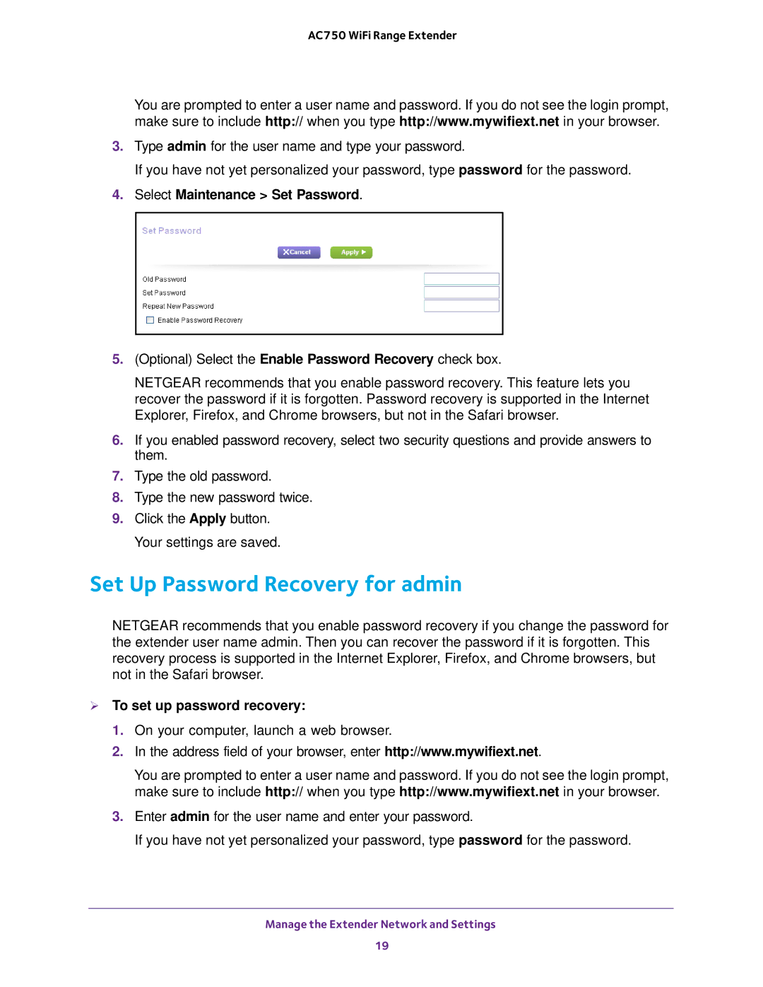 NETGEAR EX6100 Set Up Password Recovery for admin, Select Maintenance Set Password,  To set up password recovery 