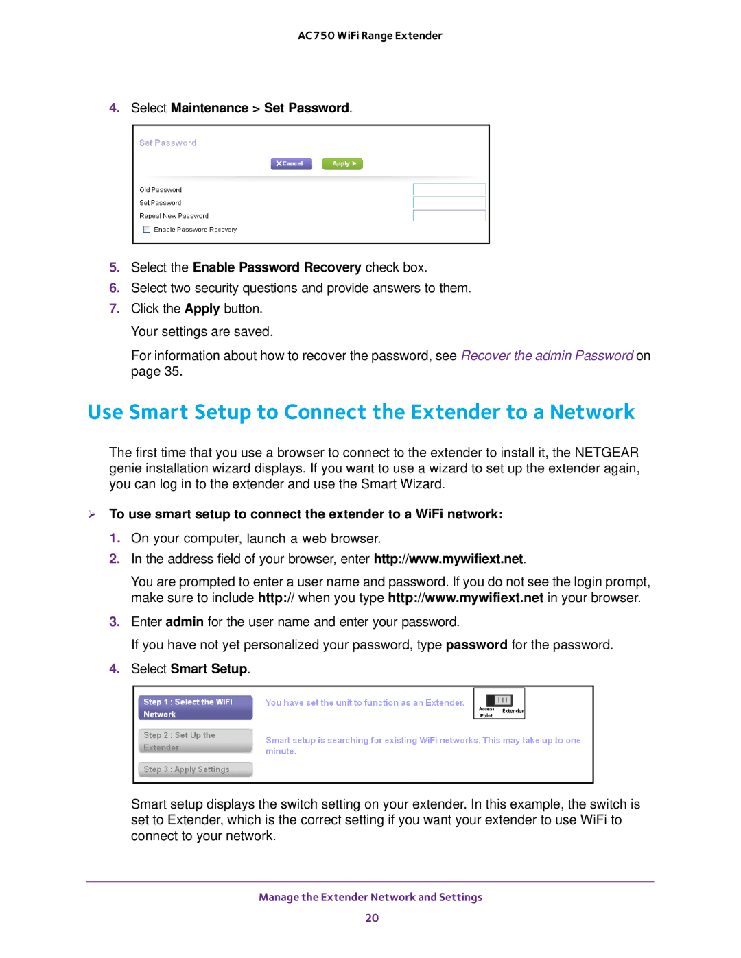 NETGEAR EX6100100NAS user manual Use Smart Setup to Connect the Extender to a Network, Select Smart Setup 