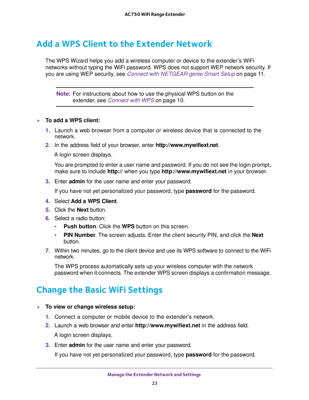 NETGEAR EX6100 user manual Add a WPS Client to the Extender Network, Change the Basic WiFi Settings,  To add a WPS client 