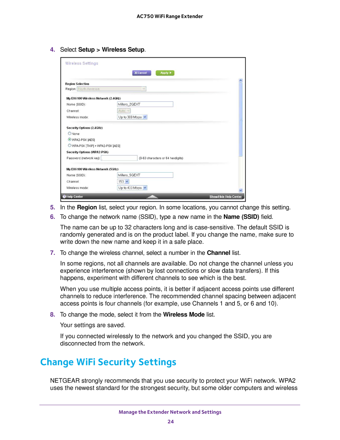 NETGEAR EX6100100NAS user manual Change WiFi Security Settings, Select Setup Wireless Setup 