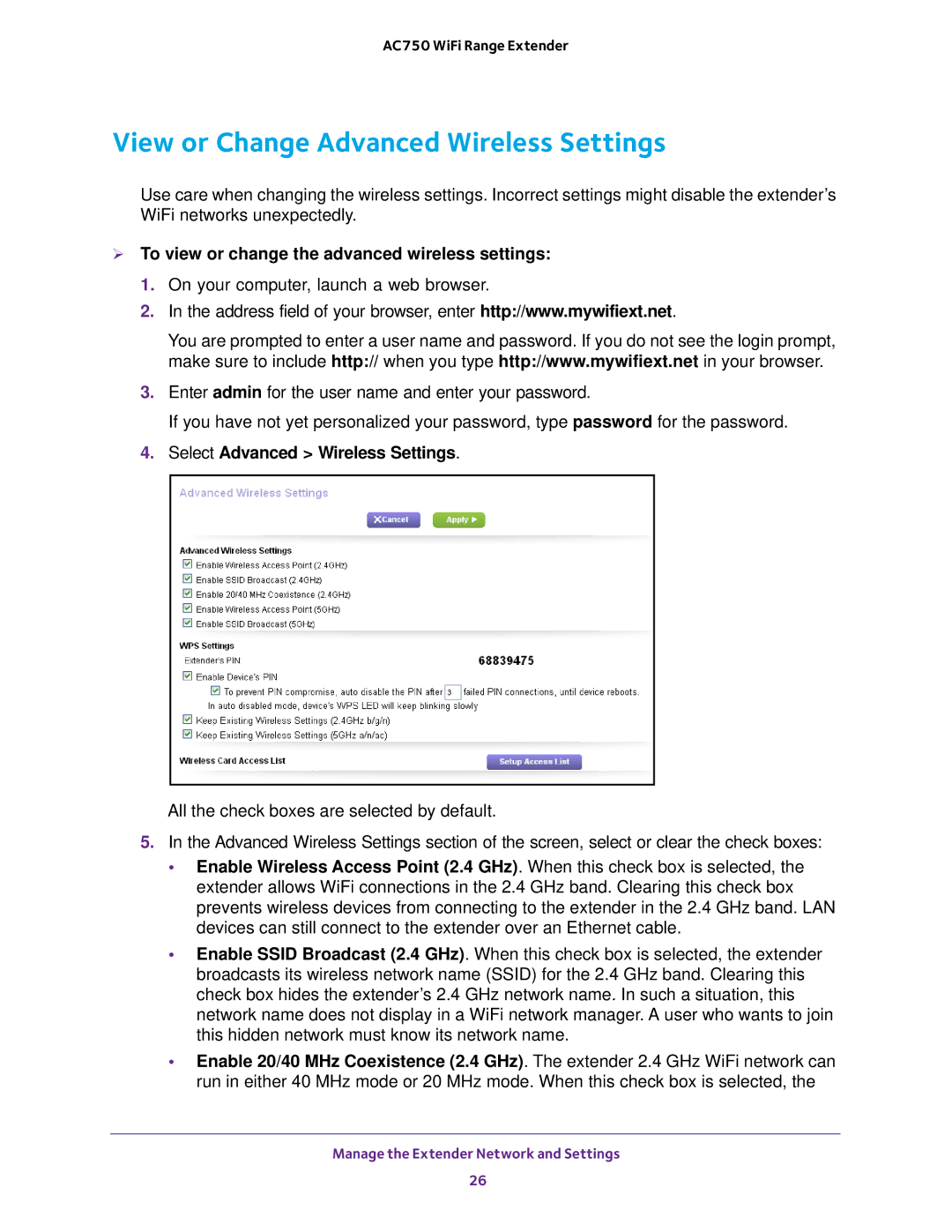 NETGEAR EX6100100NAS View or Change Advanced Wireless Settings,  To view or change the advanced wireless settings 