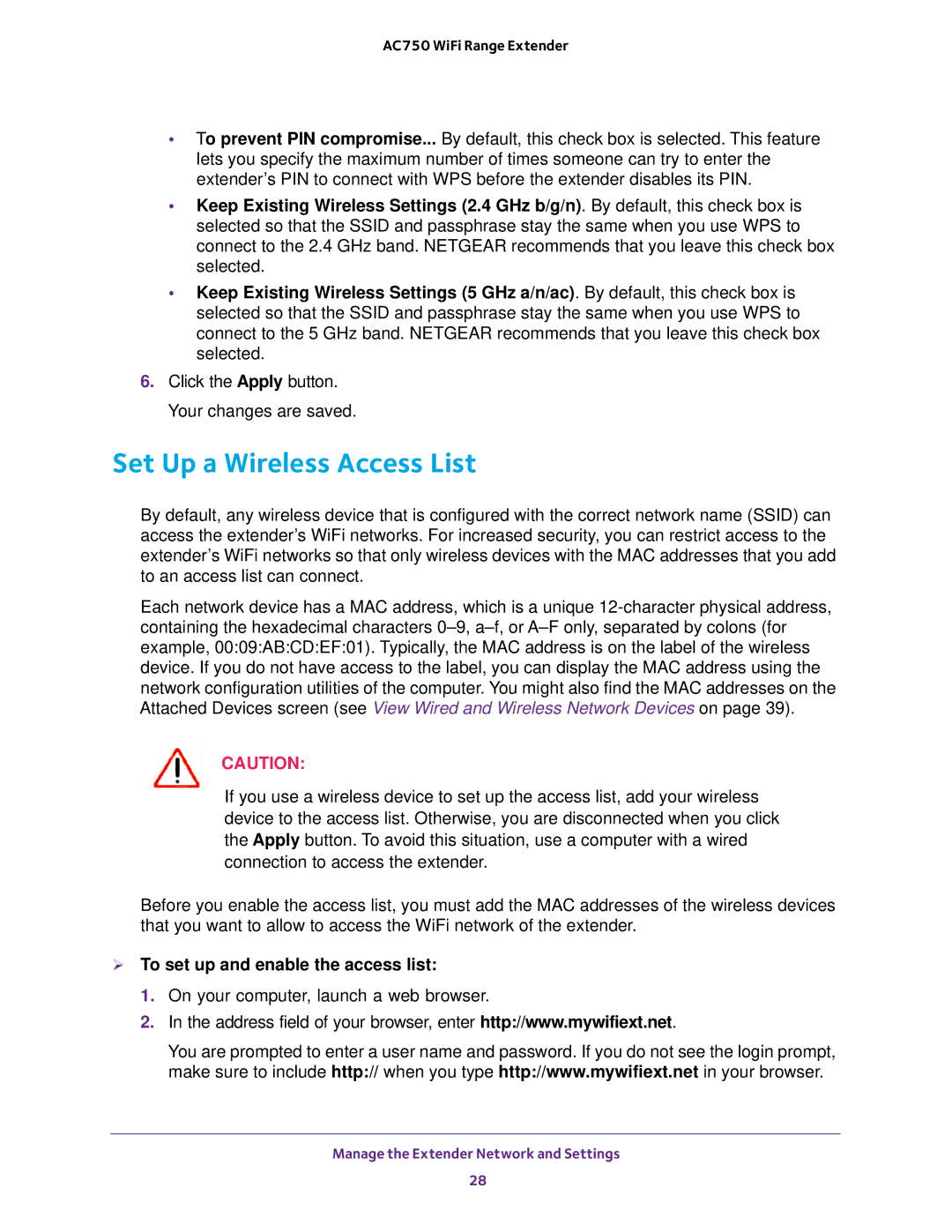 NETGEAR EX6100100NAS user manual Set Up a Wireless Access List,  To set up and enable the access list 