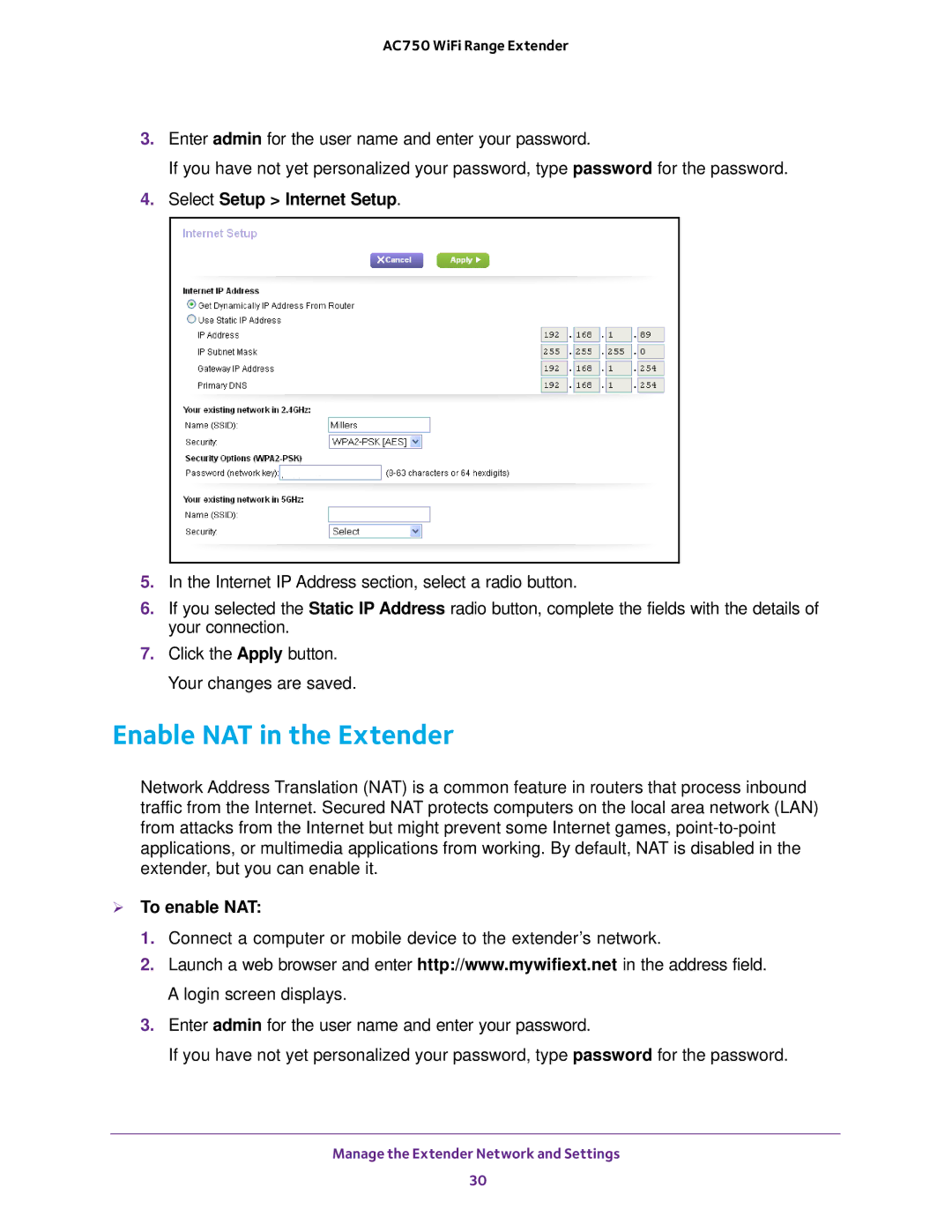 NETGEAR EX6100100NAS user manual Enable NAT in the Extender, Select Setup Internet Setup,  To enable NAT 