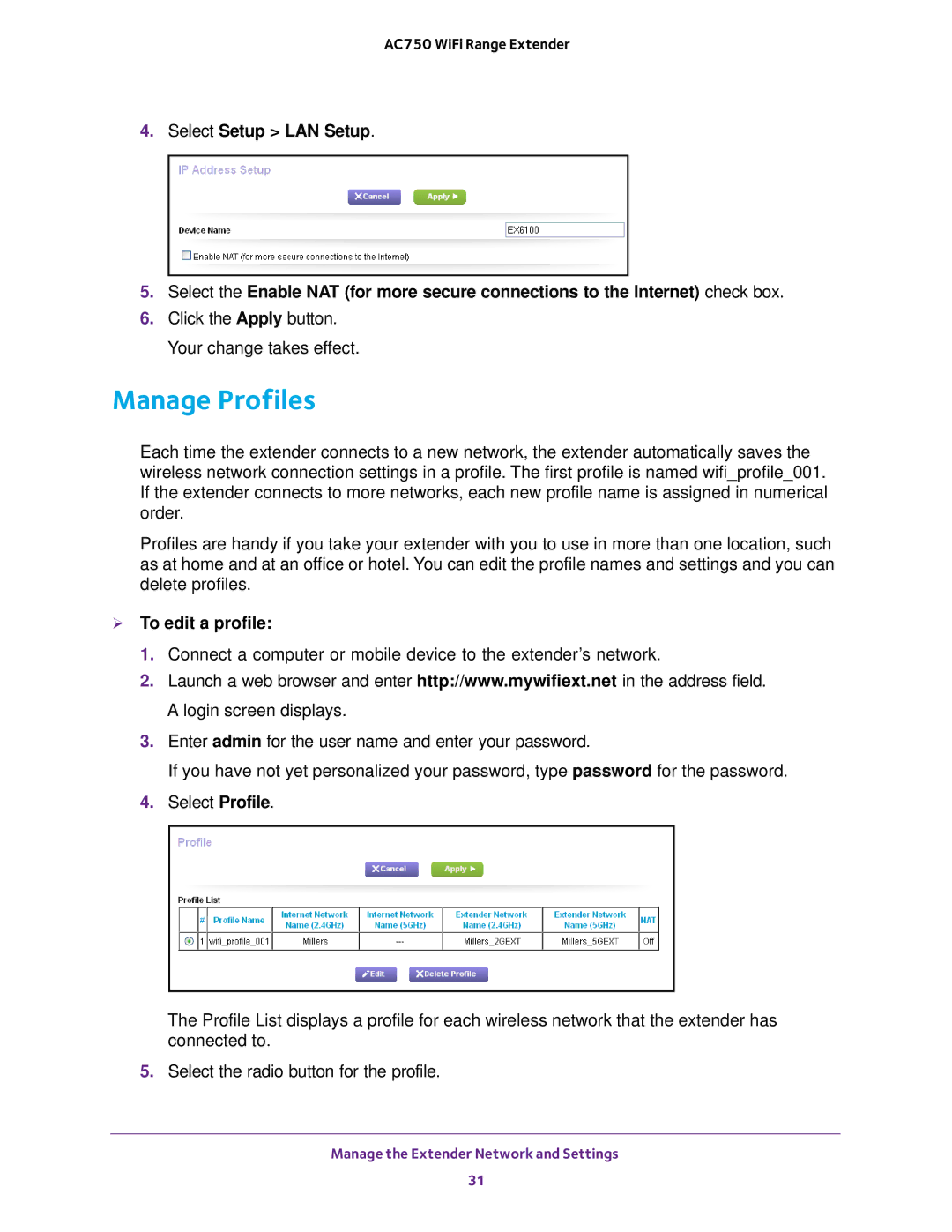 NETGEAR EX6100100NAS user manual Manage Profiles,  To edit a profile 