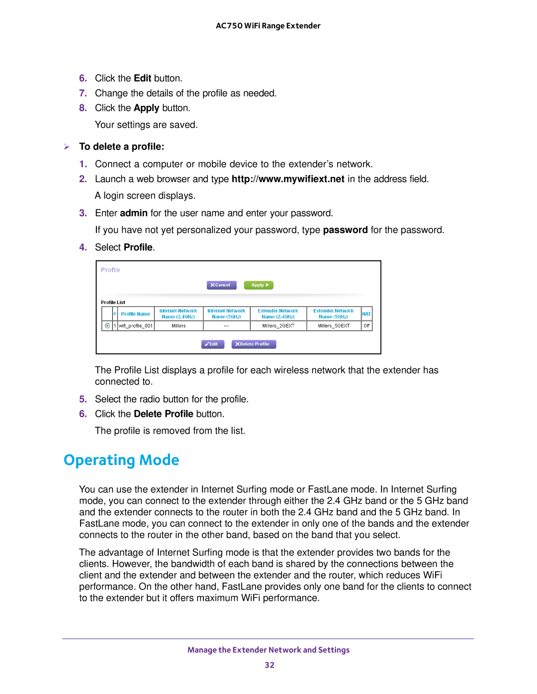 NETGEAR EX6100100NAS user manual Operating Mode,  To delete a profile 