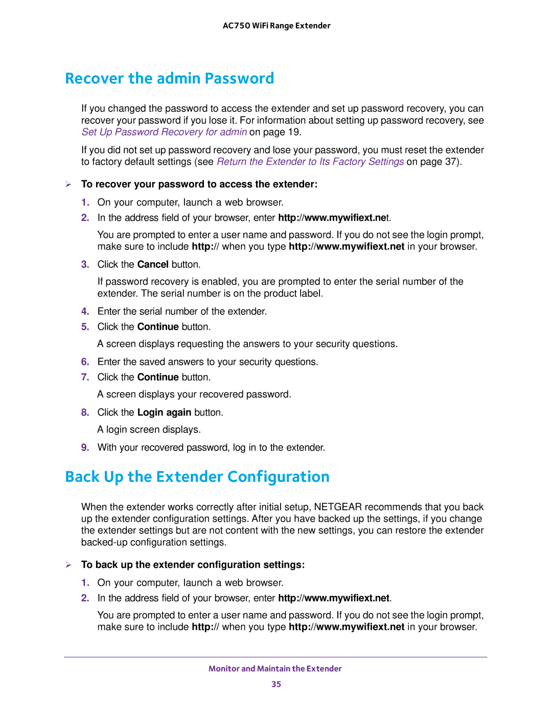 NETGEAR EX6100100NAS user manual Recover the admin Password, Back Up the Extender Configuration 