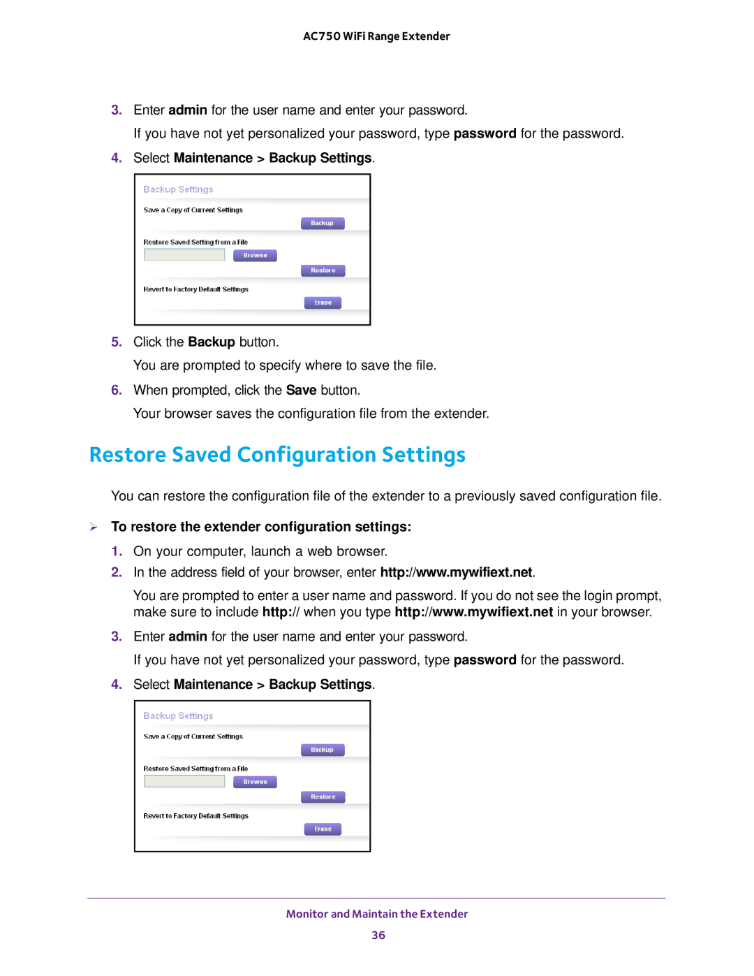 NETGEAR EX6100100NAS user manual Restore Saved Configuration Settings, Select Maintenance Backup Settings 