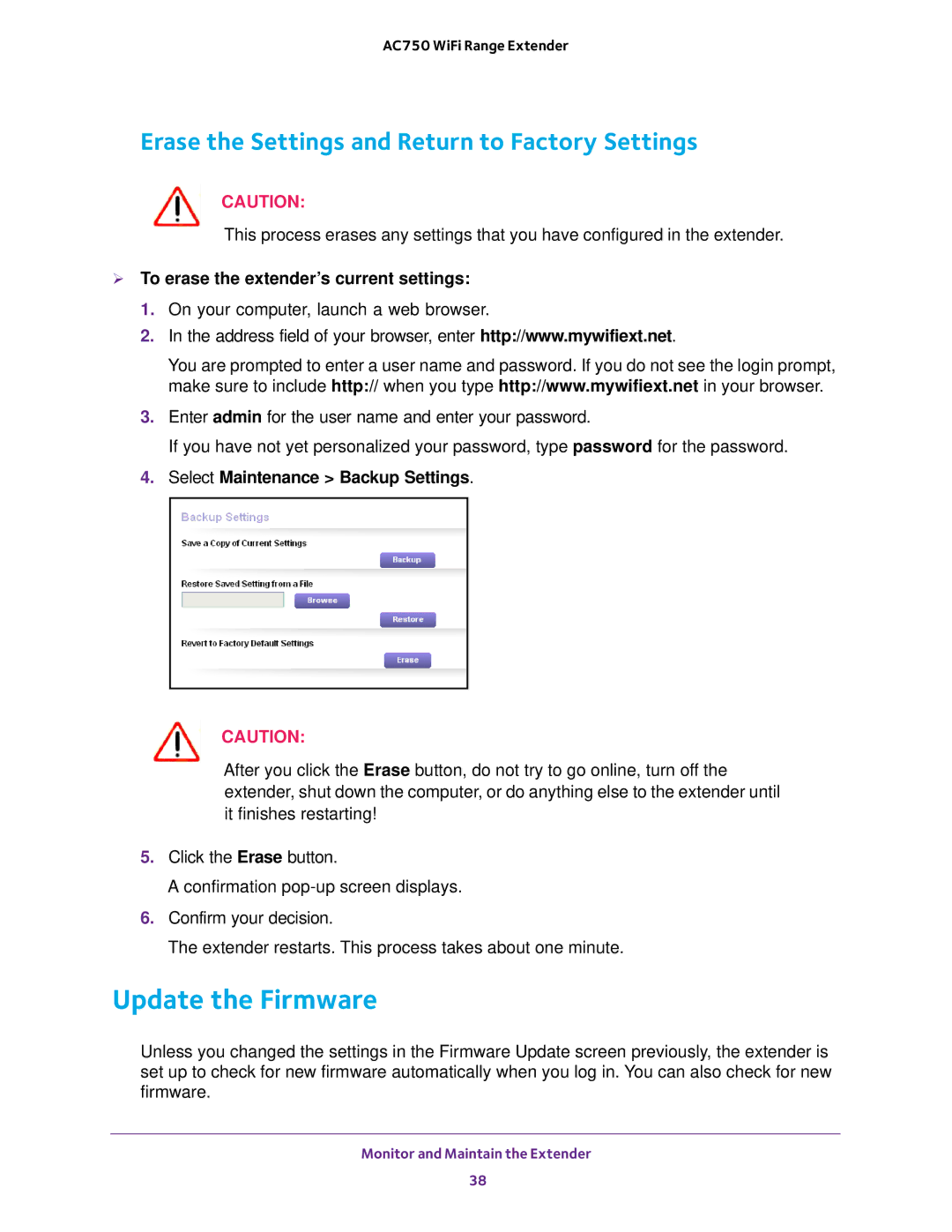 NETGEAR EX6100100NAS user manual Update the Firmware, Erase the Settings and Return to Factory Settings 