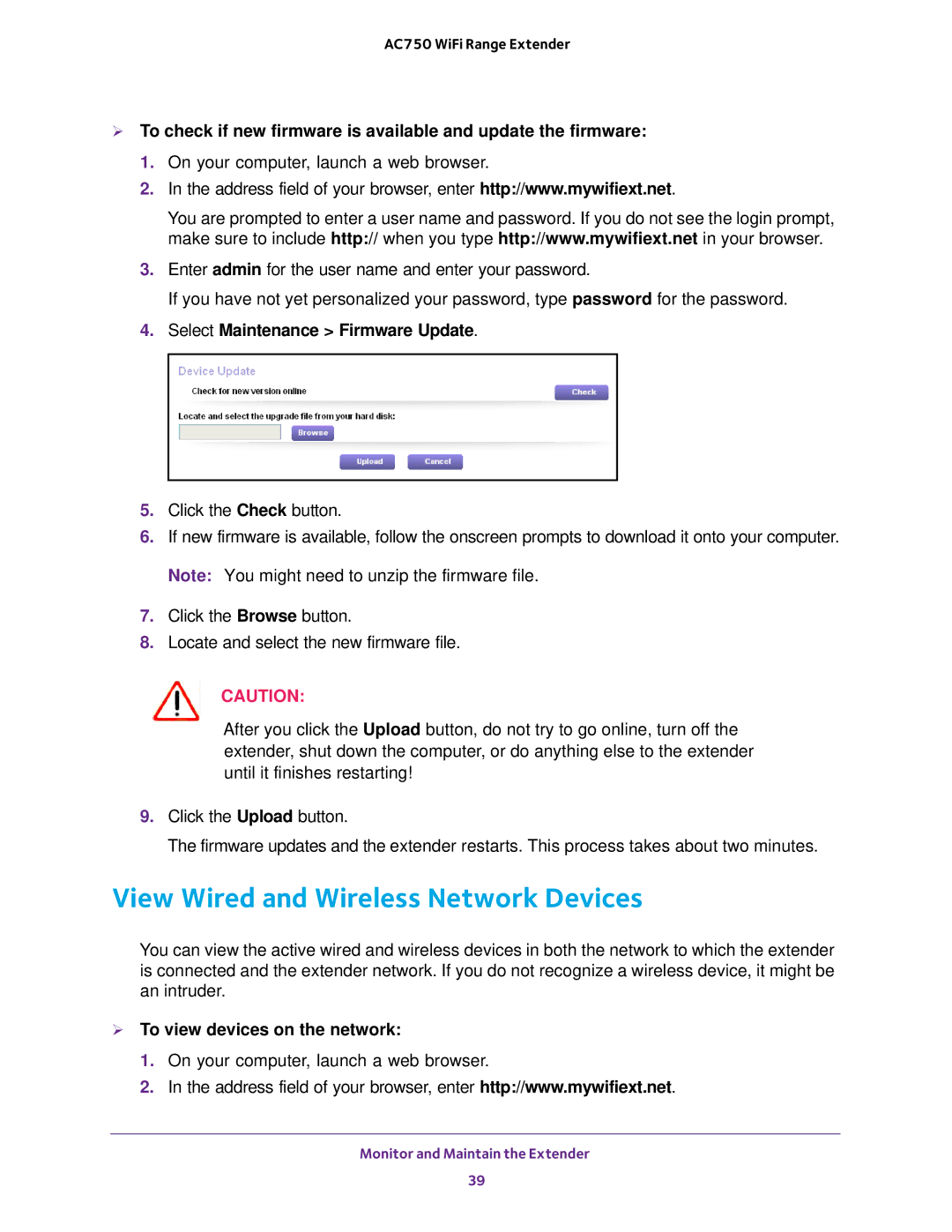 NETGEAR EX6100100NAS user manual View Wired and Wireless Network Devices, Select Maintenance Firmware Update 