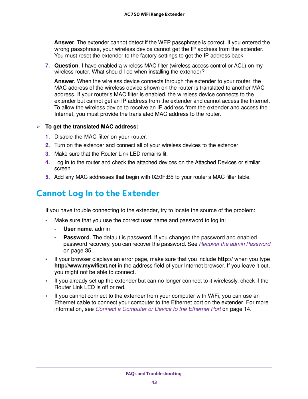 NETGEAR EX6100100NAS user manual Cannot Log In to the Extender,  To get the translated MAC address 