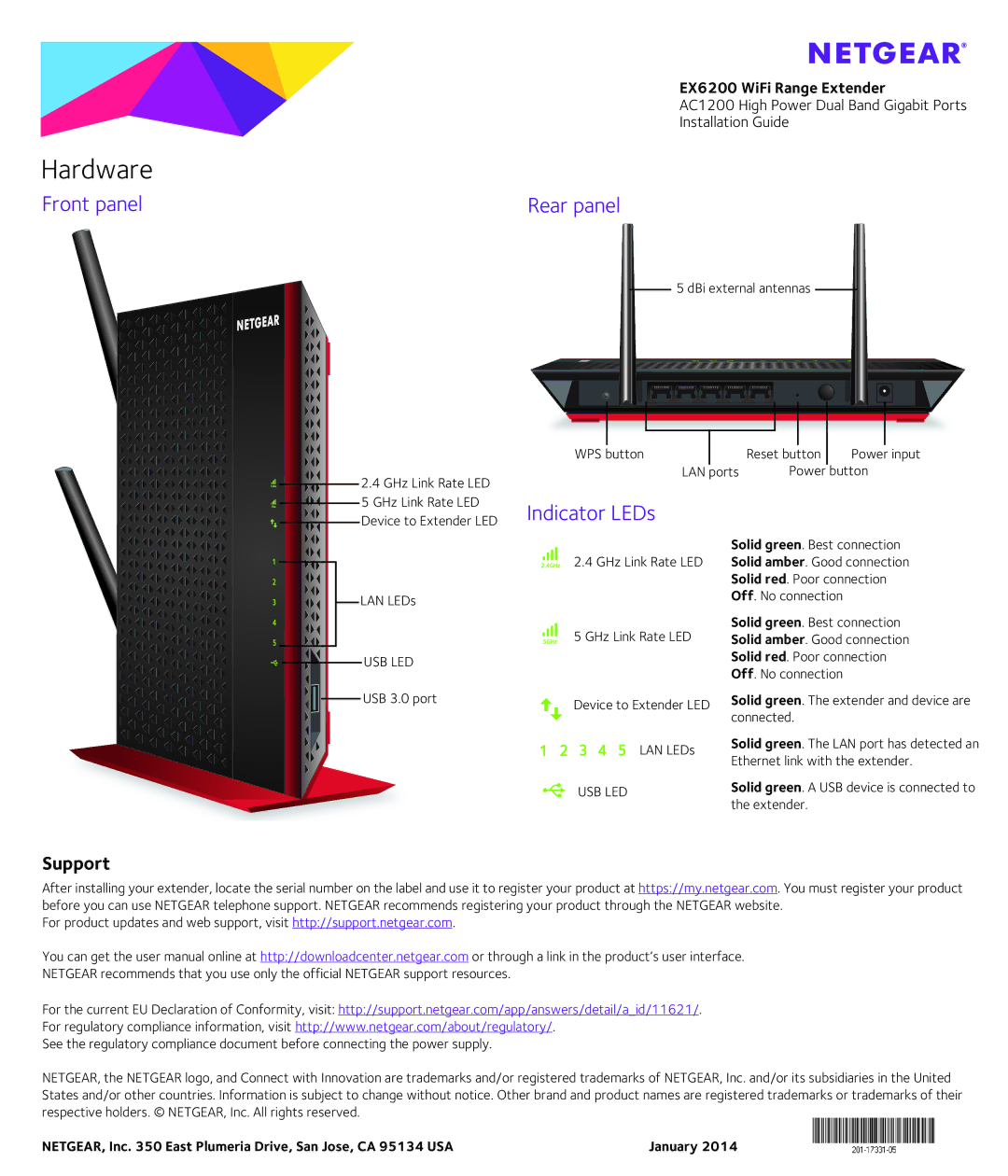 NETGEAR EX6200, AC1200 manual Front panel, Rear panel, Indicator LEDs 