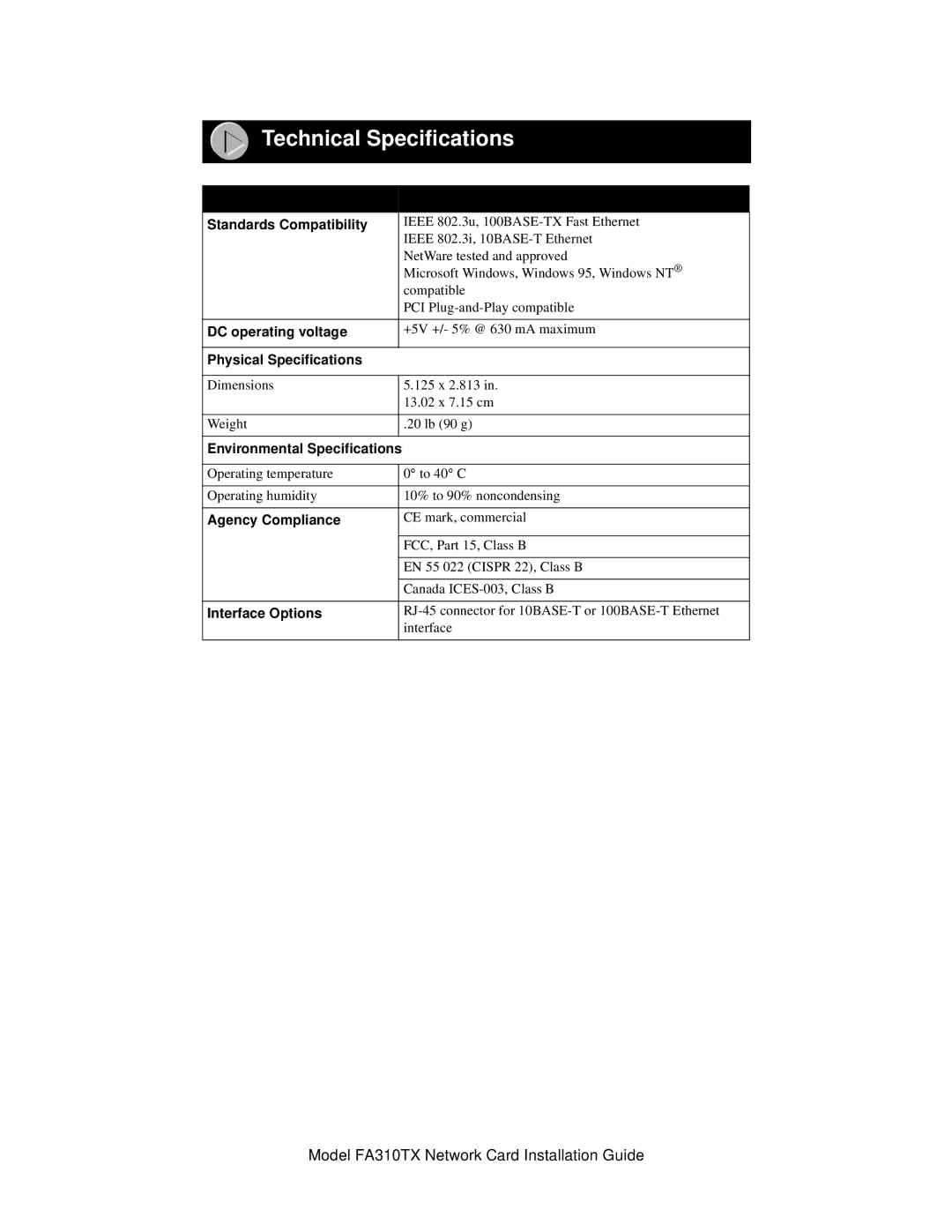 NETGEAR FA310TX manual Technical Specifications, Standards Compatibility 