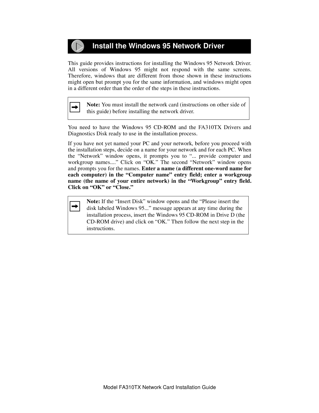 NETGEAR FA310TX manual Install the Windows 95 Network Driver 