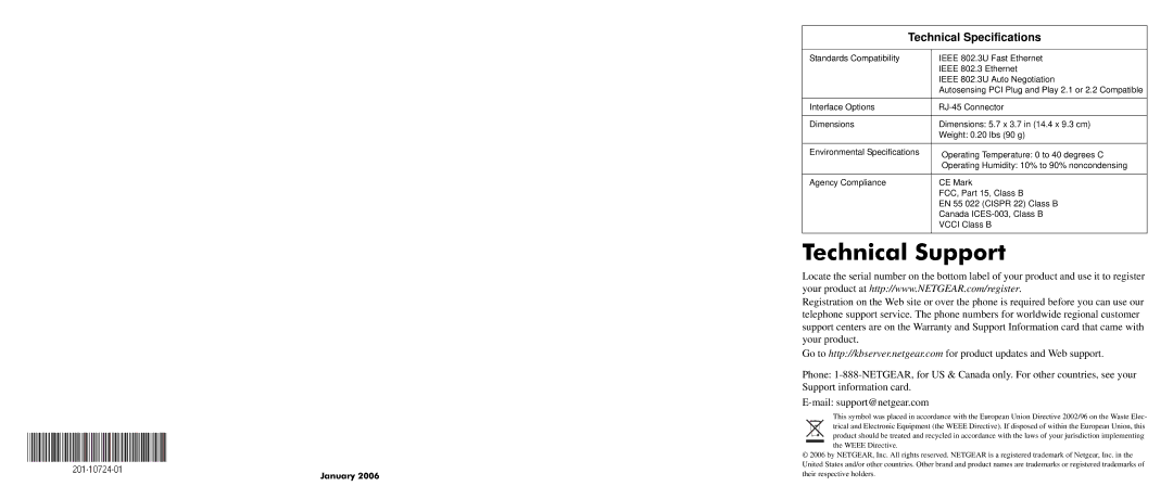 NETGEAR FA311 manual Technical Support, Technical Specifications, Weee Directive, Their respective holders 