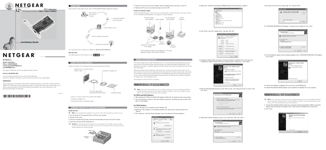 NETGEAR FA312 warranty Start Here, Verify Package Contents, Connect Netgear to Your Environment, Install Network Driver 