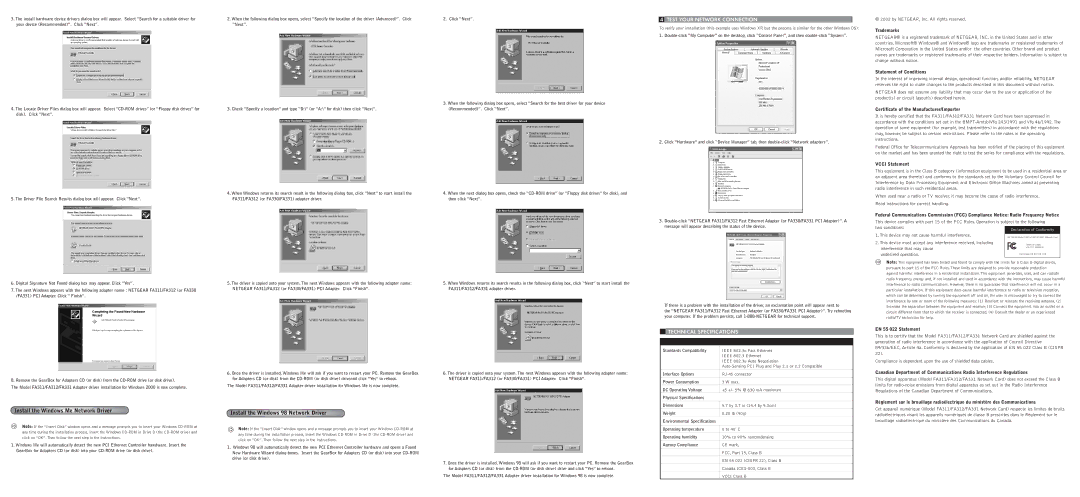 NETGEAR FA311, FA331, FA312 Test Your Network Connection, Technical Specifications, Install the Windows Me Network Driver 