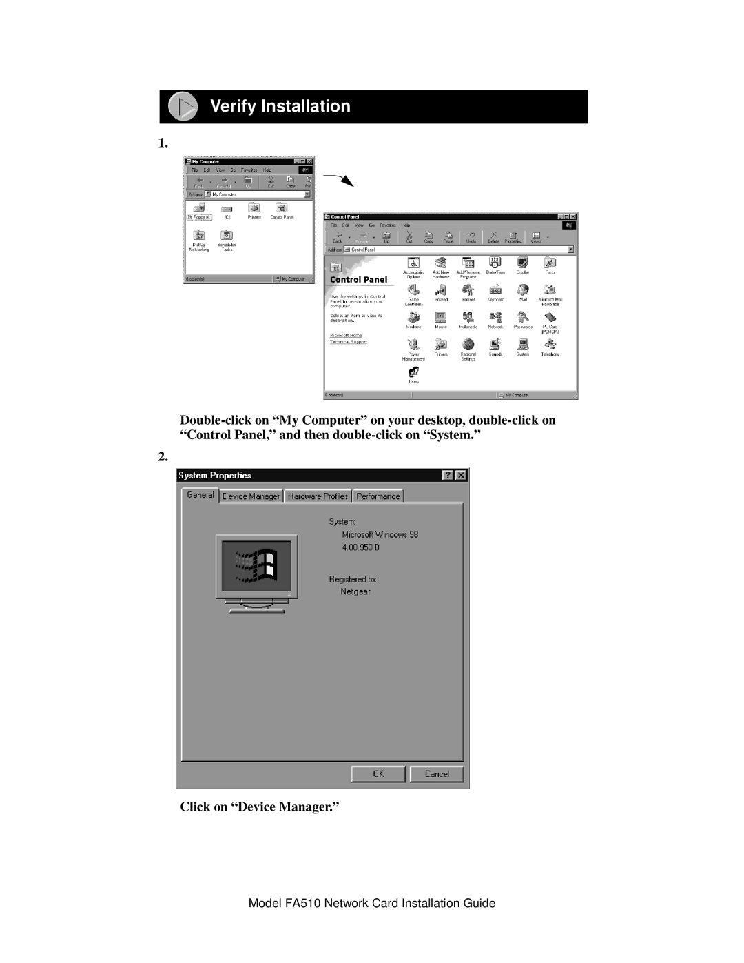 NETGEAR FA510 manual Verify Installation, Click on Device Manager 