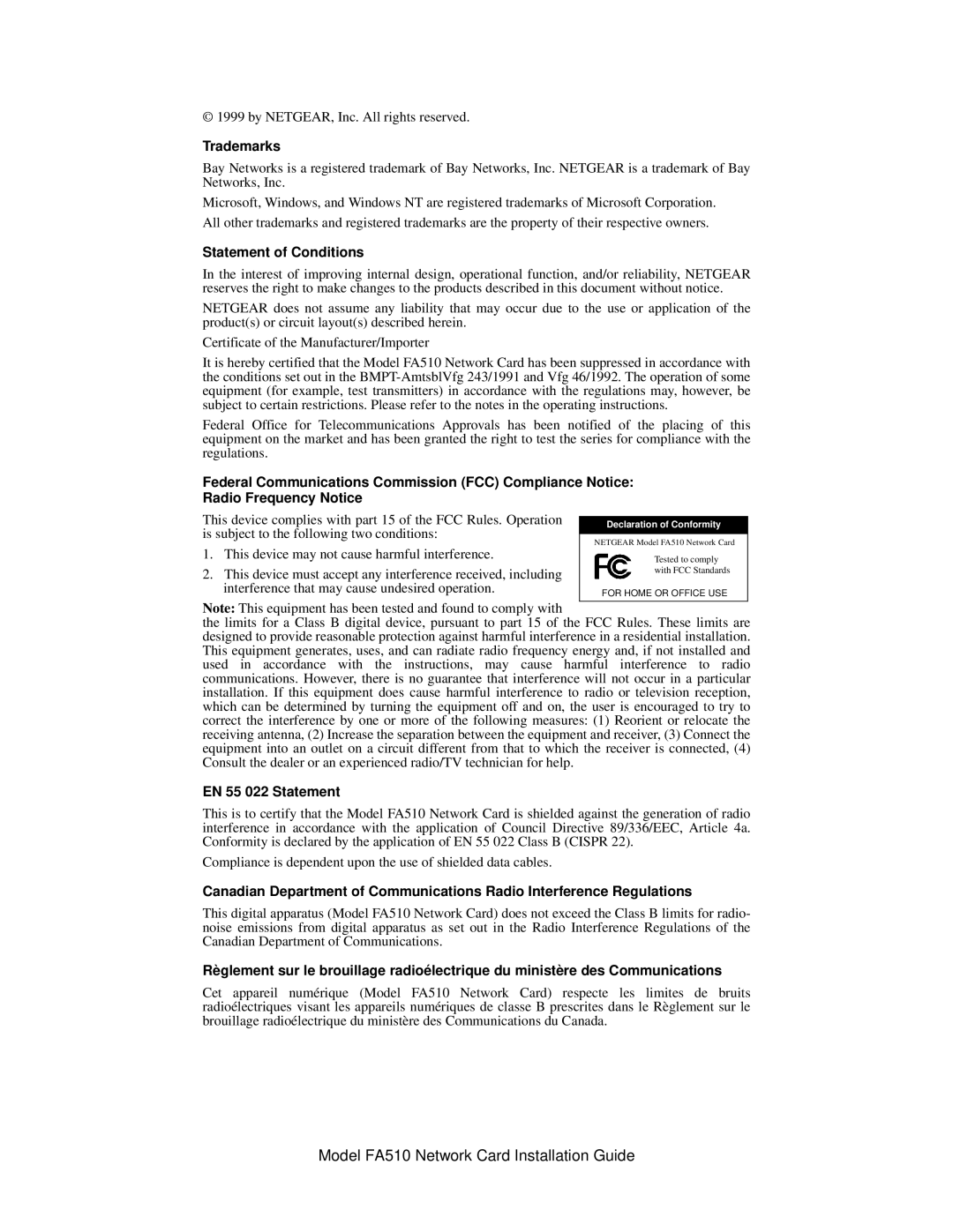 NETGEAR manual Model FA510 Network Card Installation Guide, Trademarks, Statement of Conditions, EN 55 022 Statement 