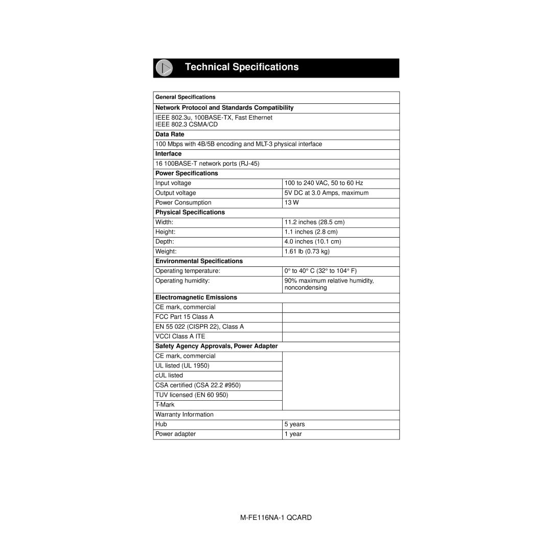 NETGEAR FE116 manual Technical Specifications, Power Speciﬁcations 