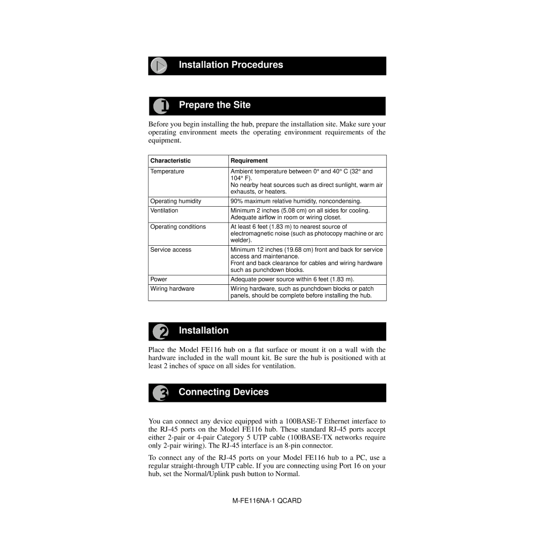 NETGEAR FE116 manual Installation Procedures Prepare the Site, Connecting Devices 