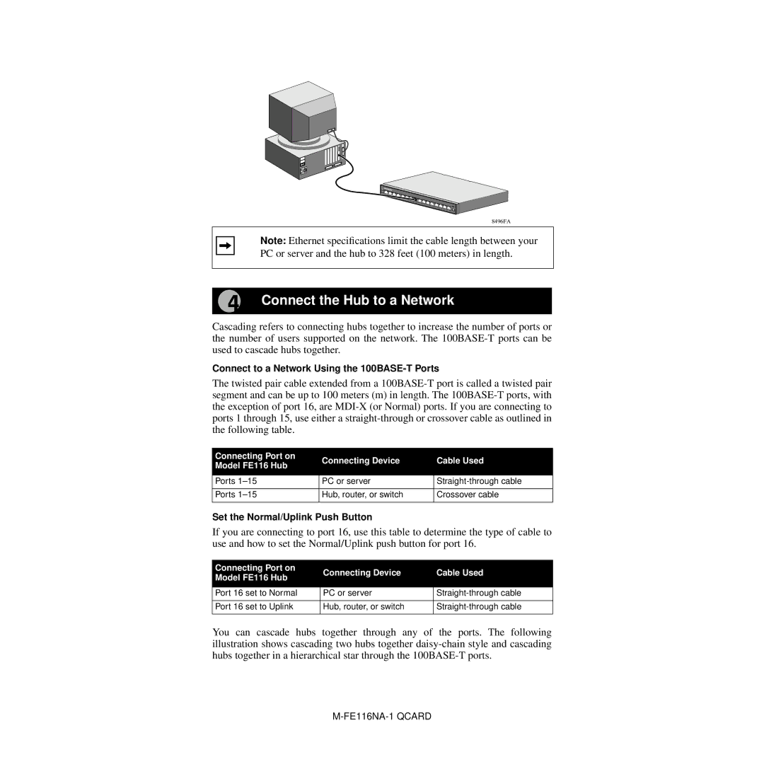 NETGEAR FE116 manual Connect the Hub to a Network 