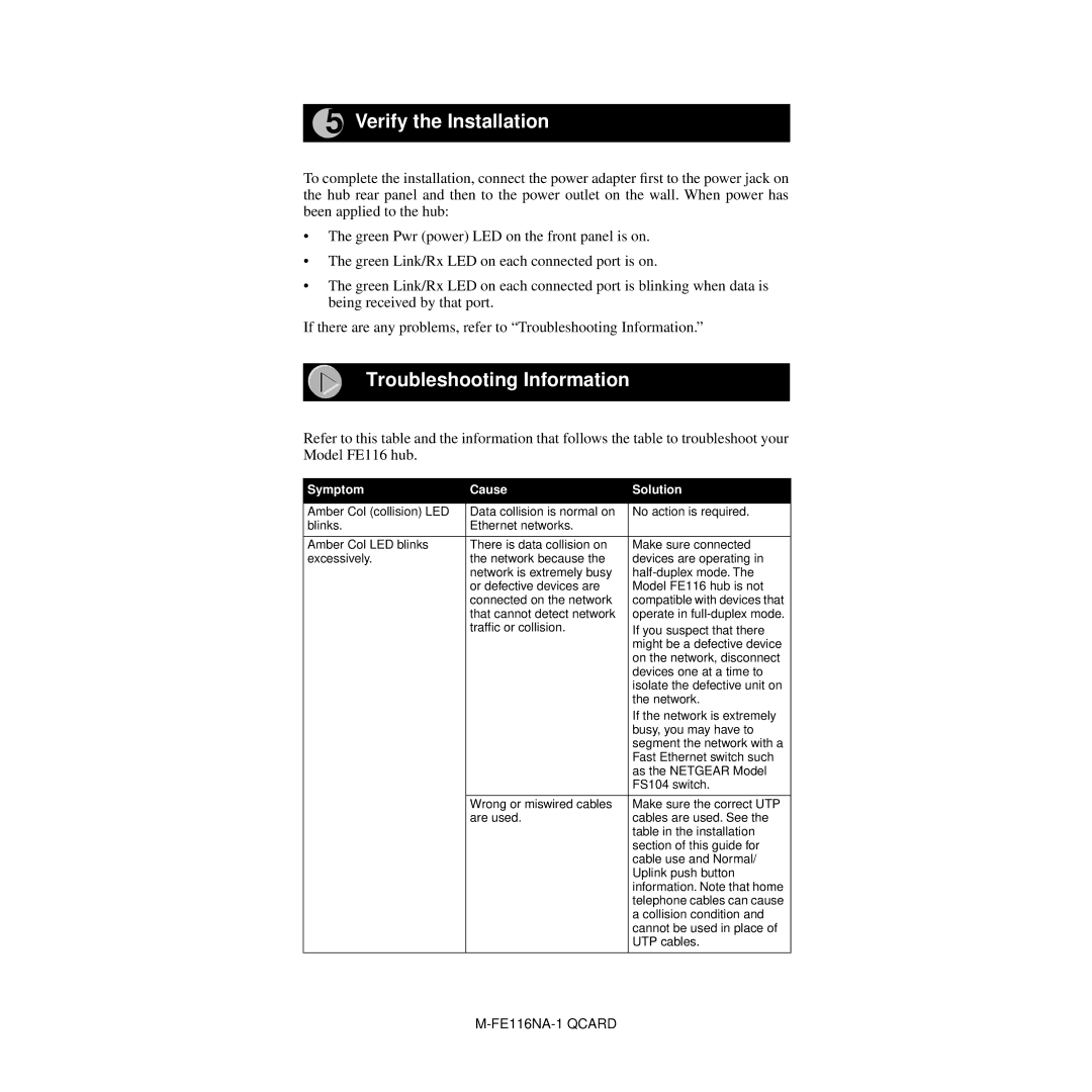 NETGEAR FE116 manual Verify the Installation, Troubleshooting Information 