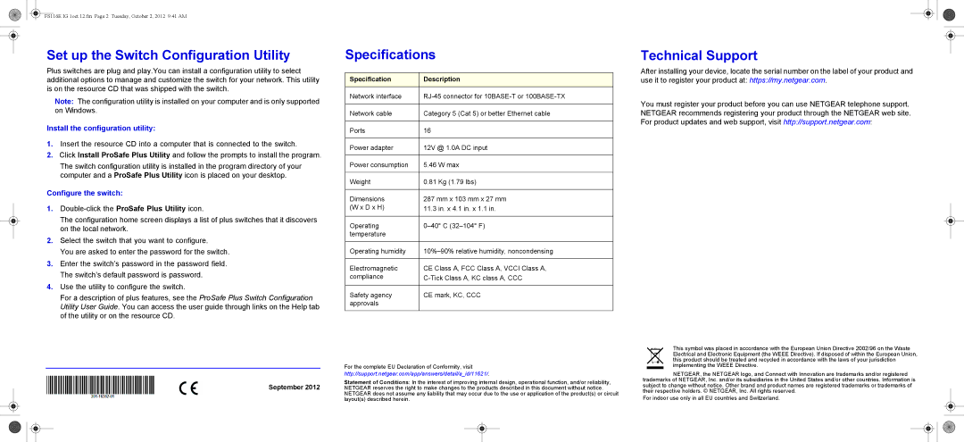 NETGEAR FE116E-100NAS Set up the Switch Configuration Utility, Specifications, Technical Support, Configure the switch 