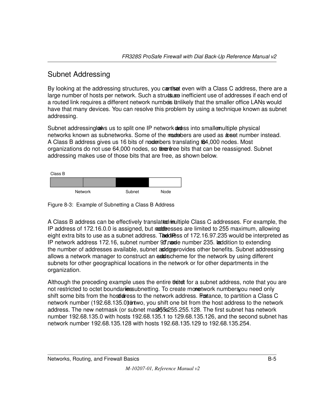 NETGEAR FR328S manual Subnet Addressing, Example of Subnetting a Class B Address 